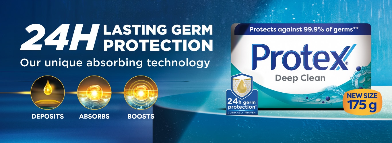 Promotional image of Protex Deep Clean 175g showing 24-hour antibacterial protection and unique absorbing technology, with icons for deposits, absorption, and boosting.